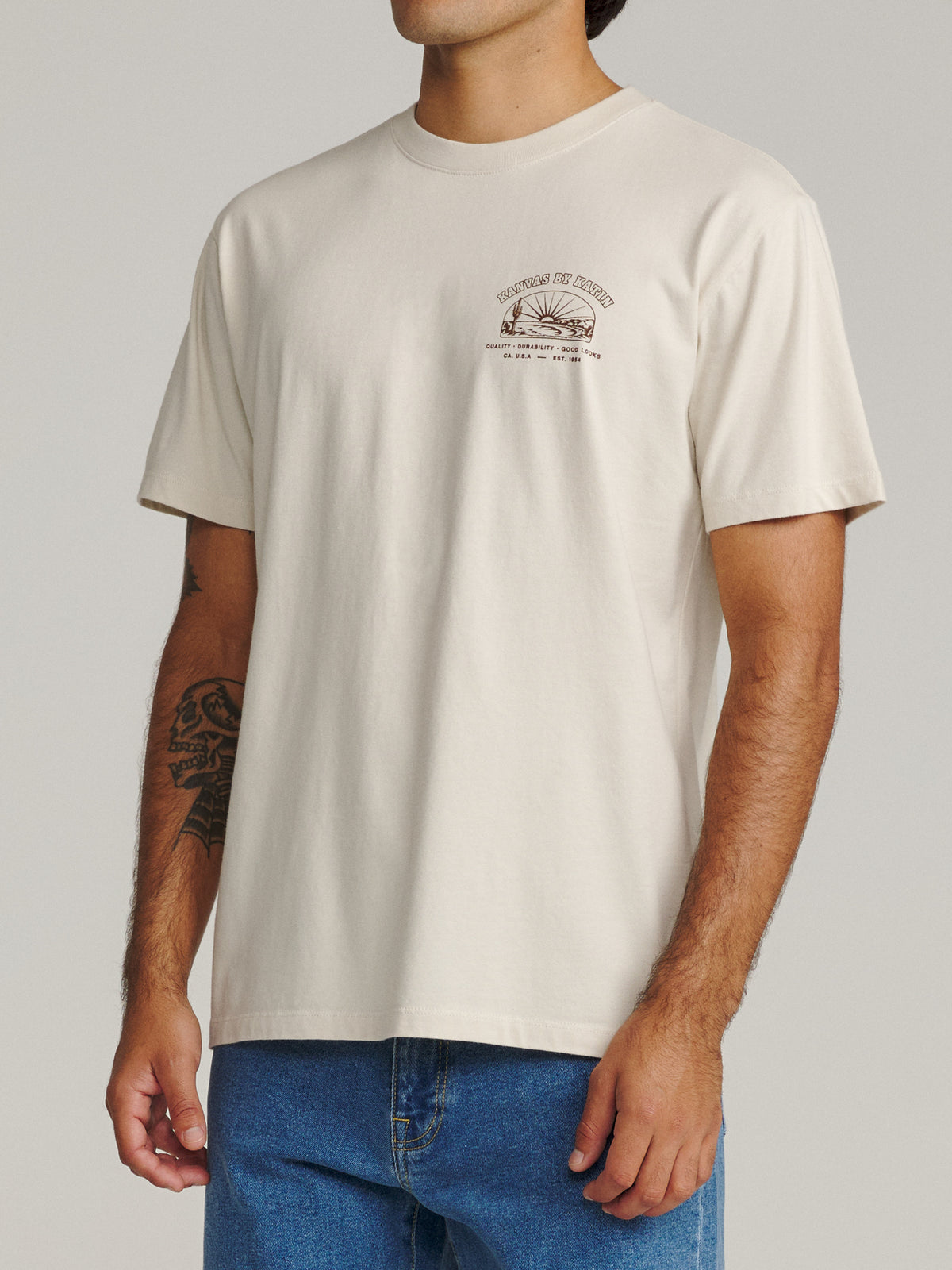 Katin Clint Tee in Vintage White midweight jersey, on model, side #color_vintage white