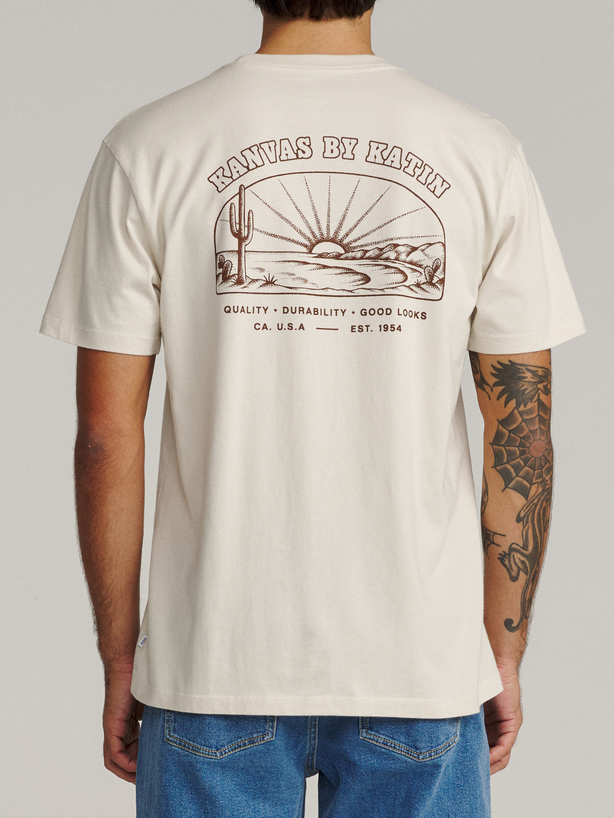 Katin Clint Tee in Vintage White midweight jersey, on model, back #color_vintage white
