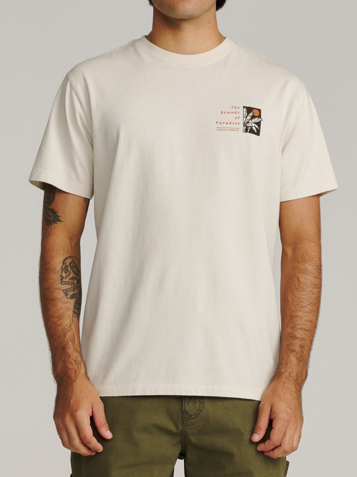 Katin Harmony Tee in Vintage White midweight jersey, on model, front #color_vintage white