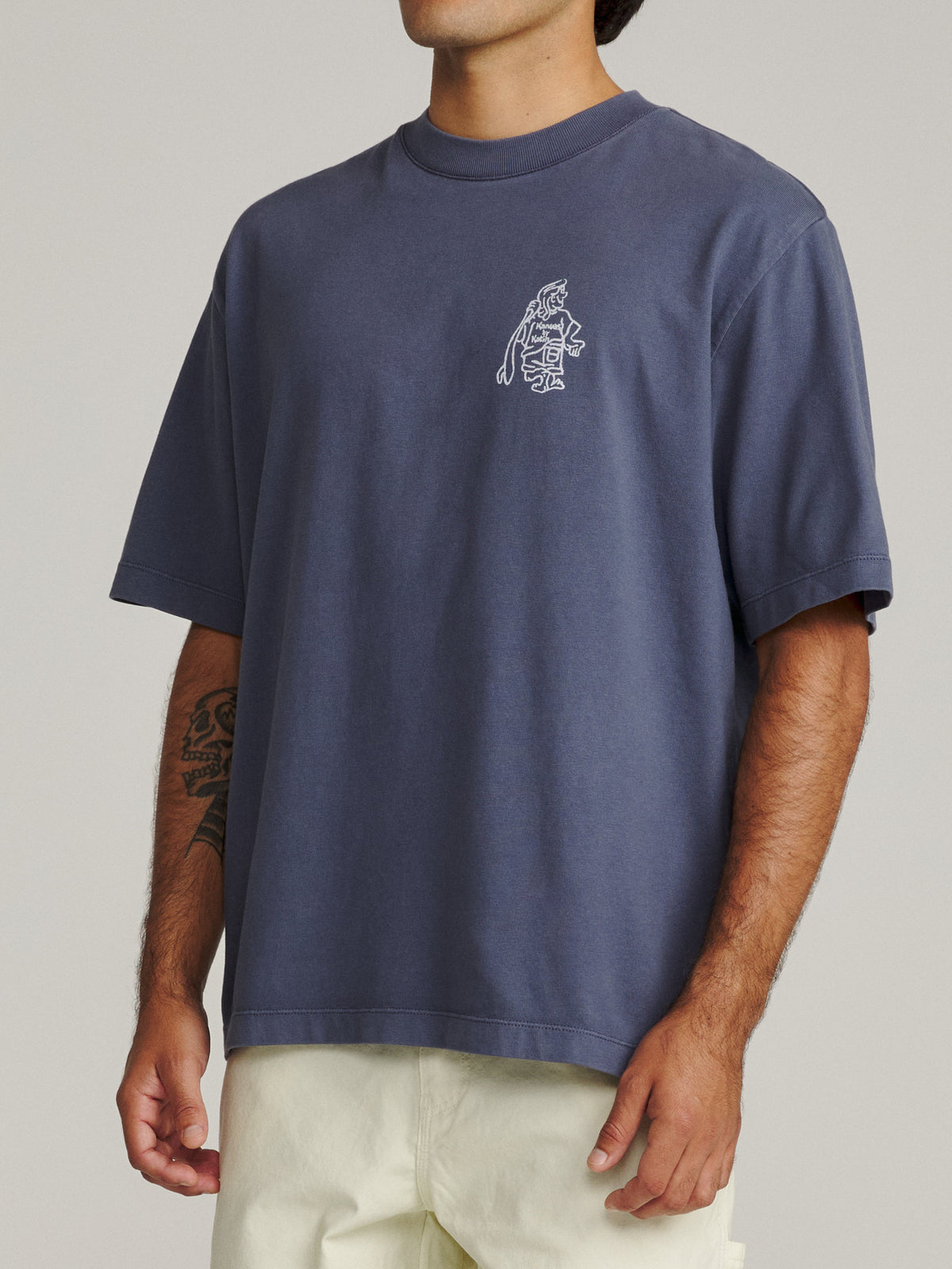 Katin Hot Line Box Fit Tee in Midnight Vintage Wash, on model, side #color_midnight vintage wash