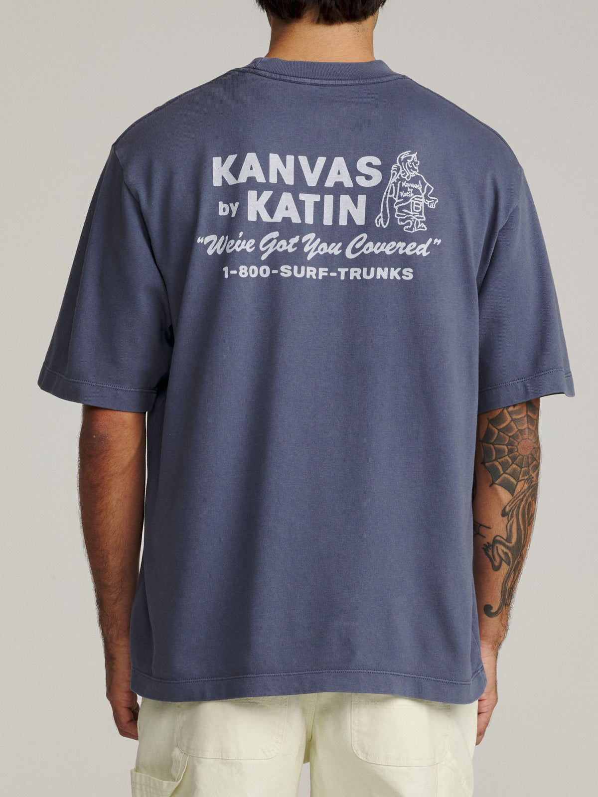 Katin Hot Line Box Fit Tee in Midnight Vintage Wash, on model, back #color_midnight vintage wash