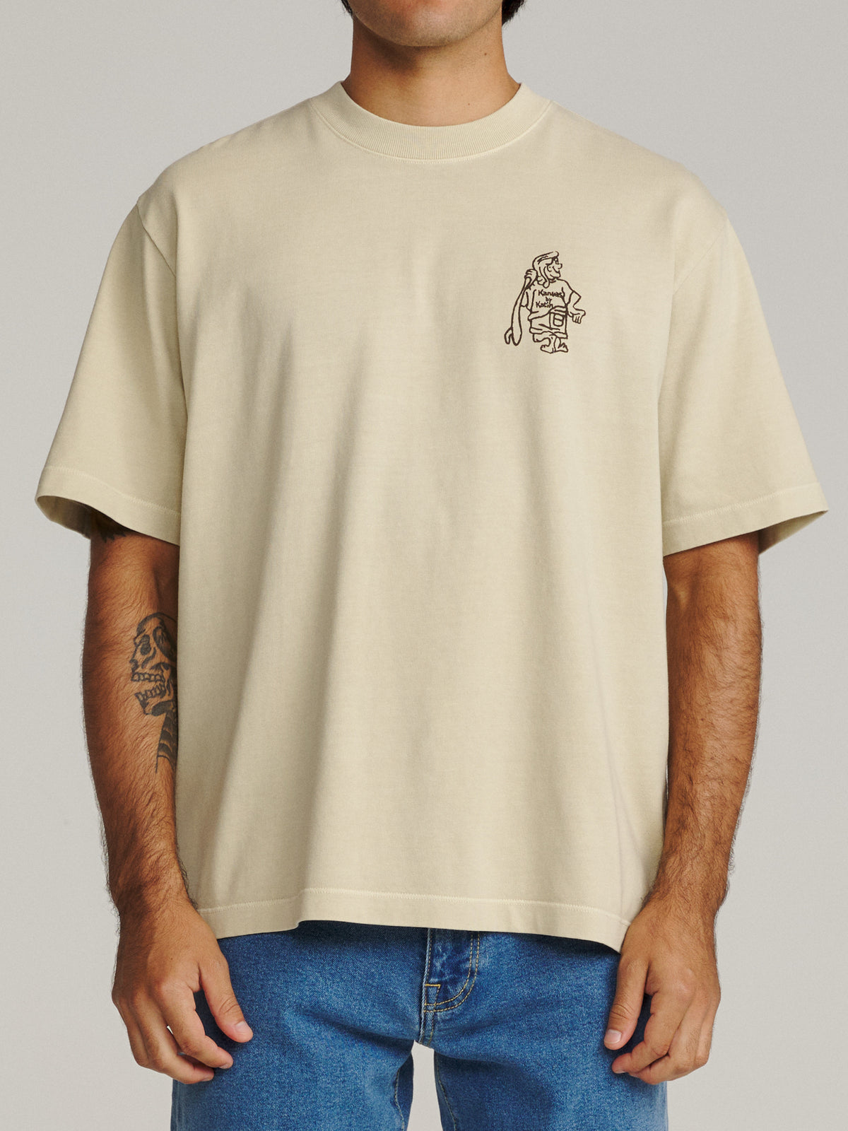 Katin Hot Line Box Fit Tee in Pelican Vintage Wash, on model, front #color_pelican vintage wash