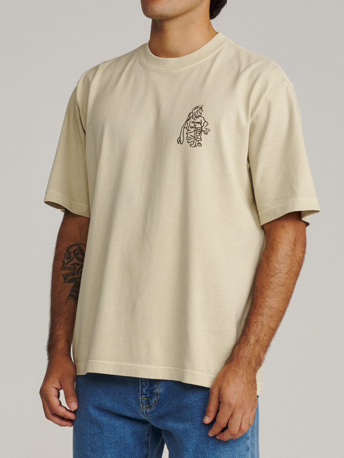Katin Hot Line Box Fit Tee in Pelican Vintage Wash, on model, side #color_pelican vintage wash