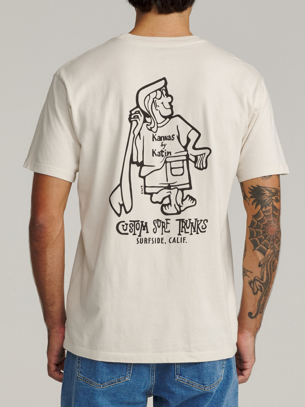 Katin K-Man Tee in Vintage White midweight jersey, on model, back #color_vintage white