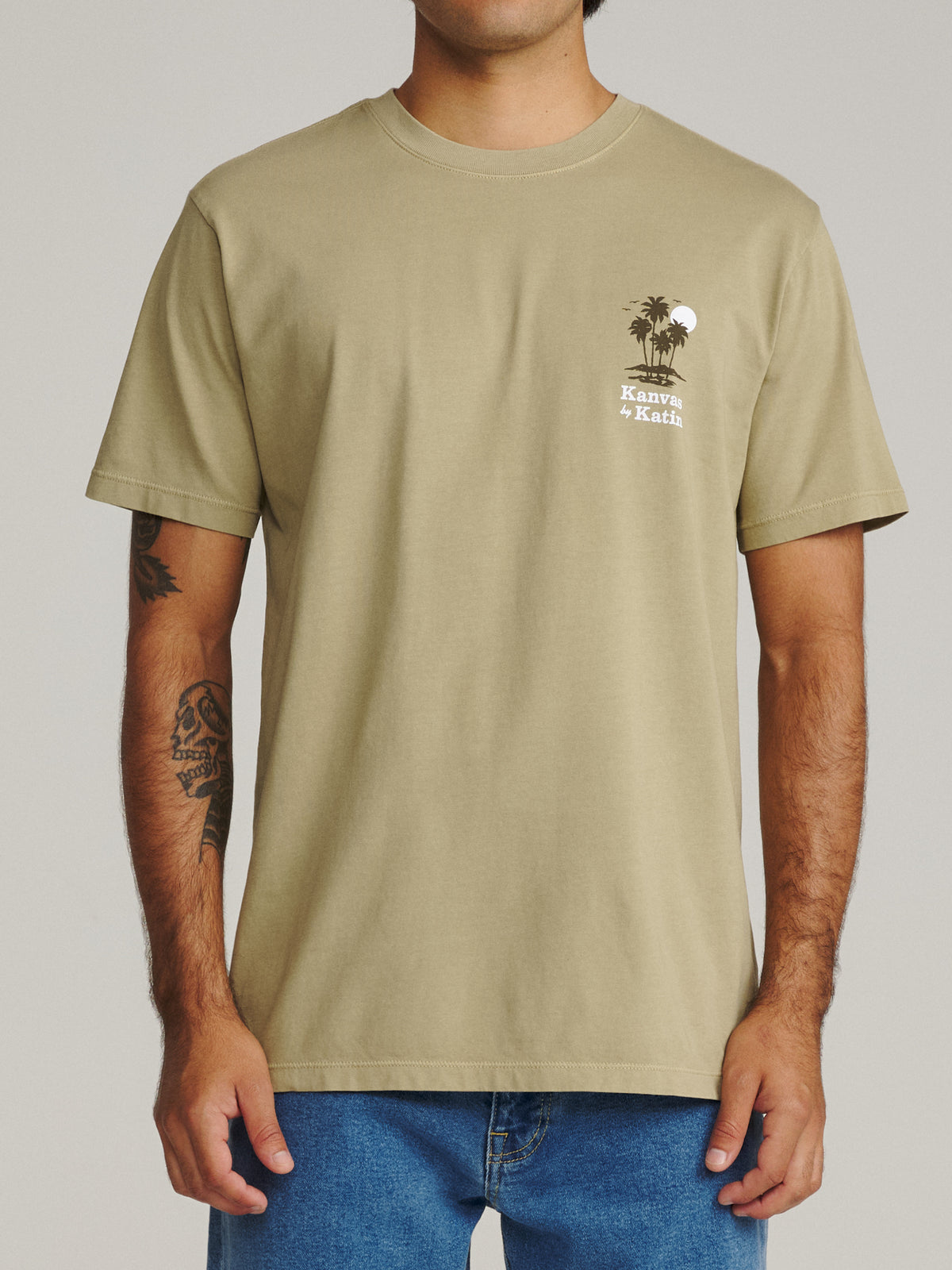 Katin Kai Tee in Covert Green Vintage Wash, on model, front #color_covert green vintage wash