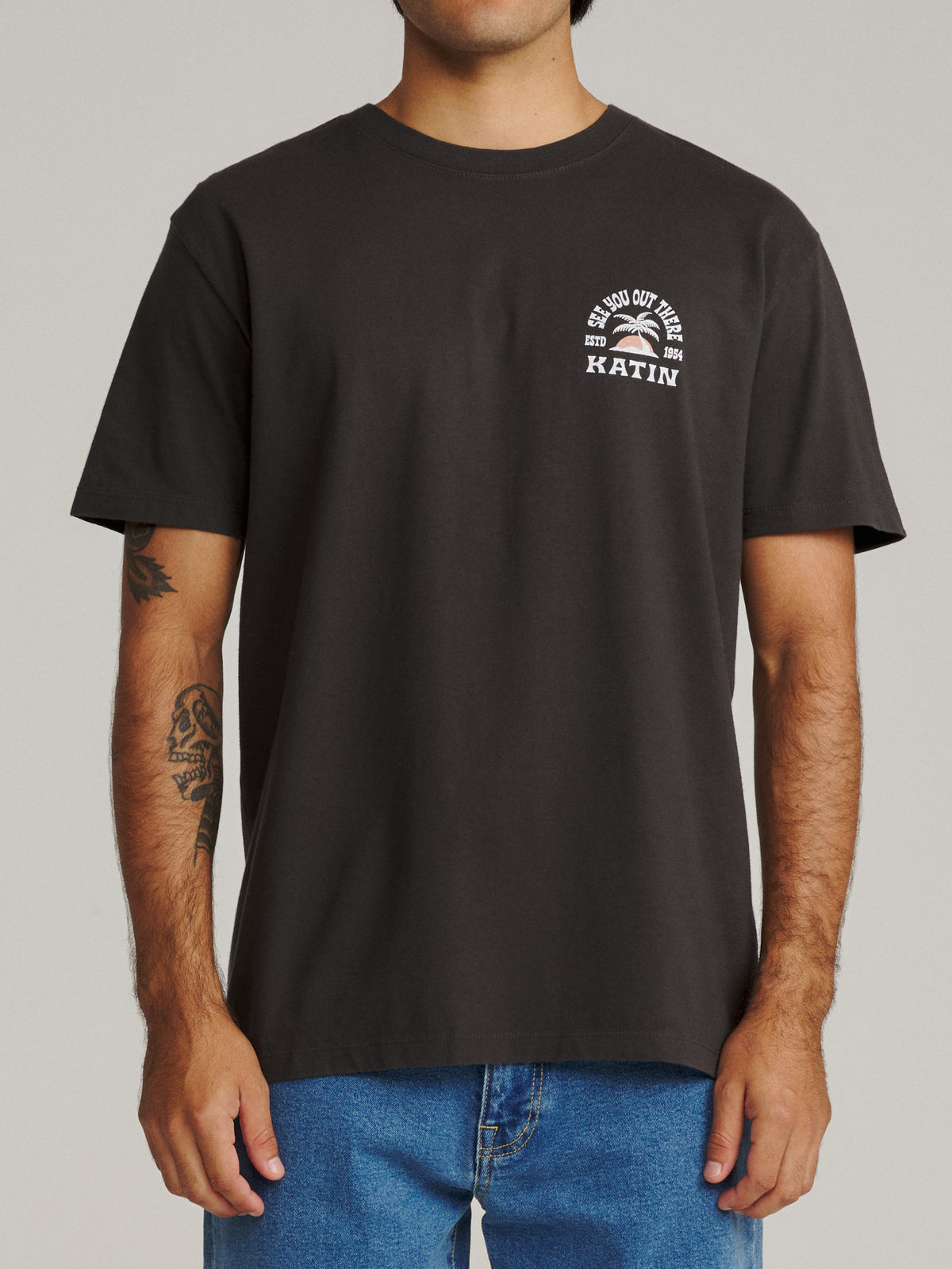 Katin Nosara Tee in Black Wash midweight jersey, on model, front #color_black wash