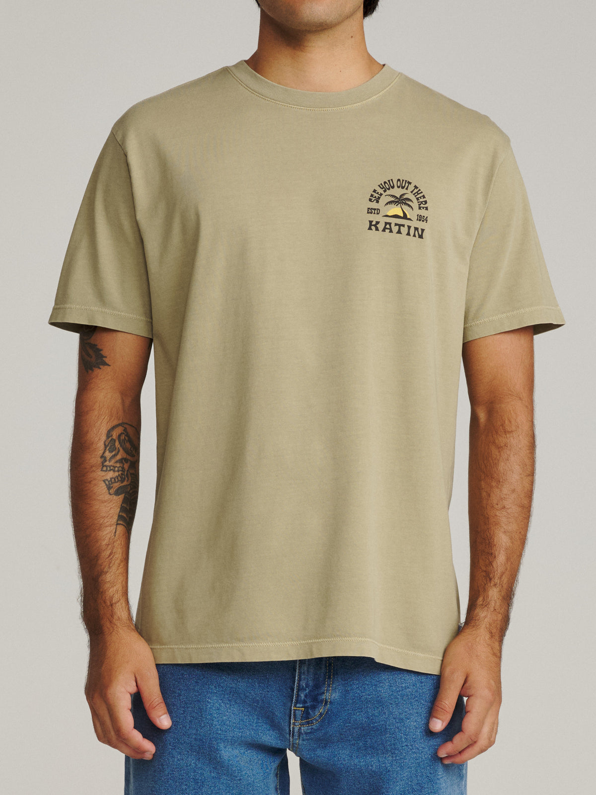 Katin Nosara Tee in Covert Green Vintage Wash, on model, front #color_covert green vintage wash