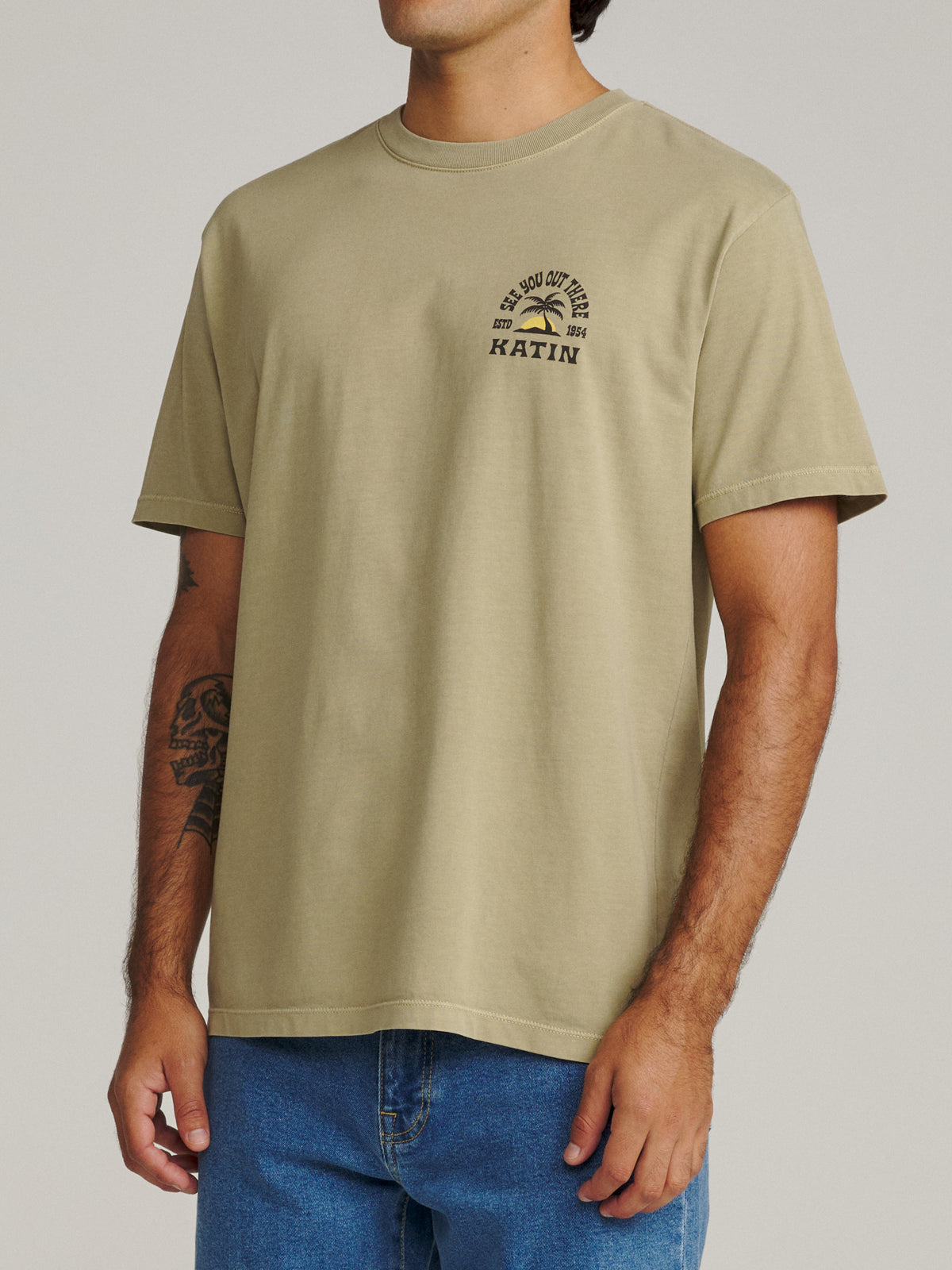 Katin Nosara Tee in Covert Green Vintage Wash, on model, side #color_covert green vintage wash