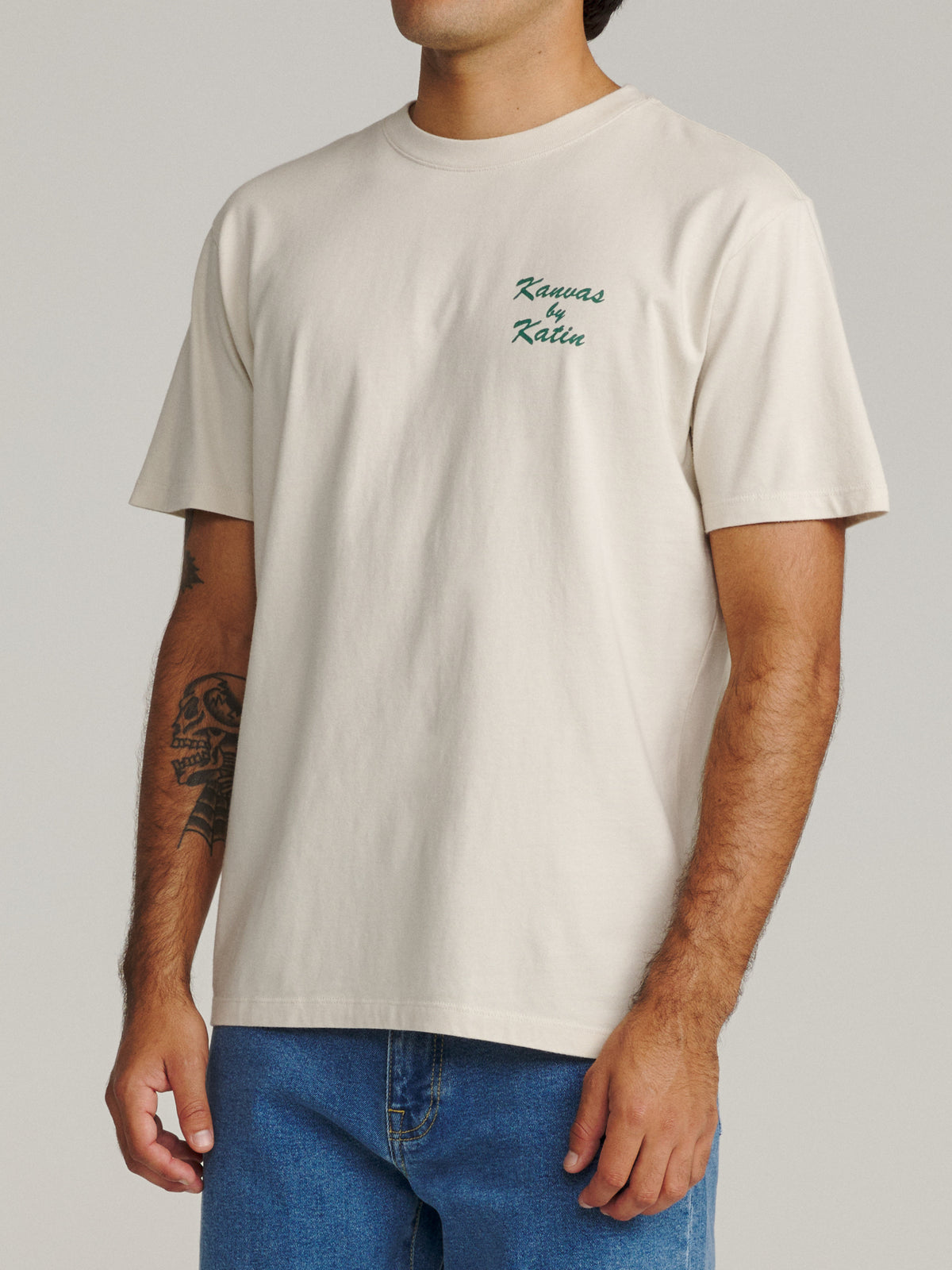Katin PCH Tee in Vintage White midweight jersey, on model, side #color_vintage white