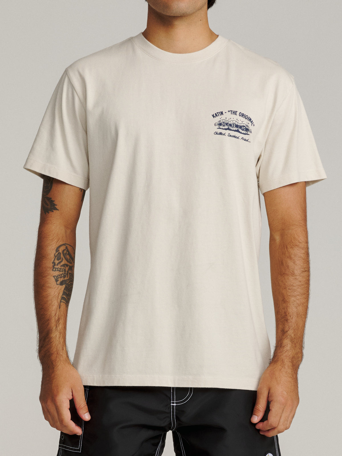 Katin Shuck Tee in Vintage White midweight jersey, on model, front #color_vintage white