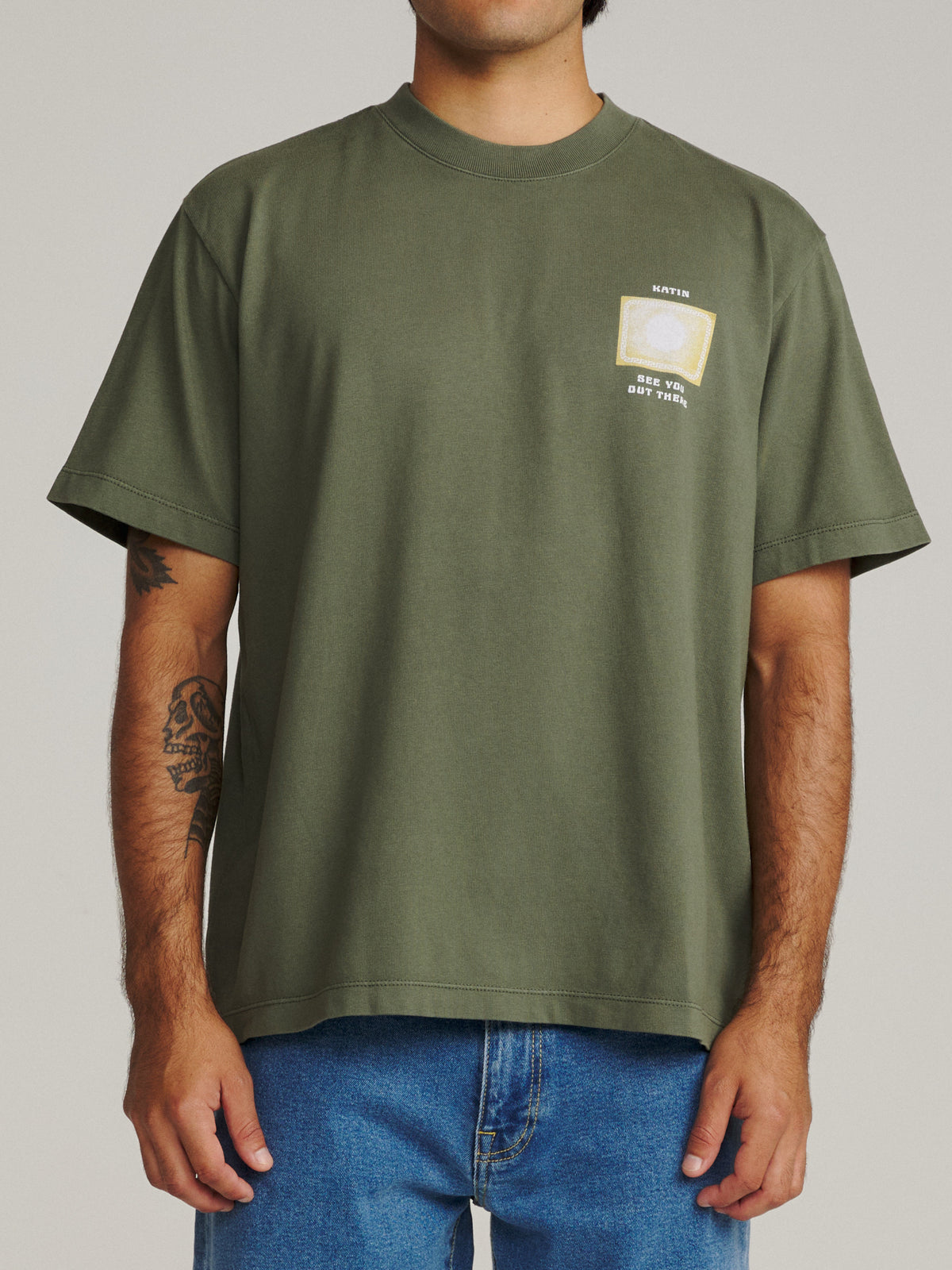 Katin Vantage Box Fit Tee in Clover Vintage Wash, on model, front #color_clover vintage wash
