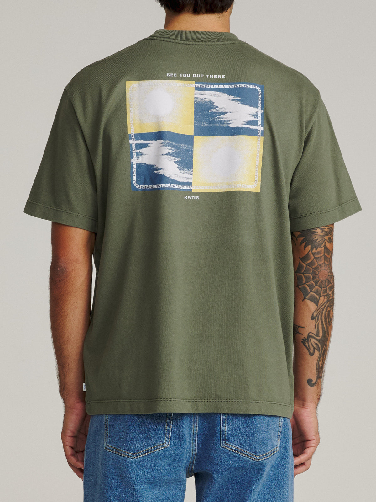 Katin Vantage Box Fit Tee in Clover Vintage Wash, on model, back #color_clover vintage wash