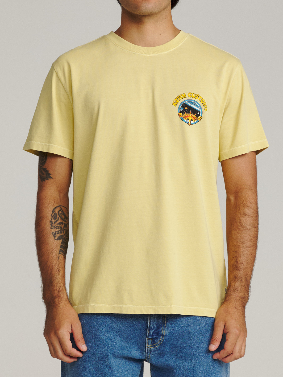 Katin Vantasy Tee in Dusty Yellow Vintage Wash, on model, front #color_dusty yellow vintage wash