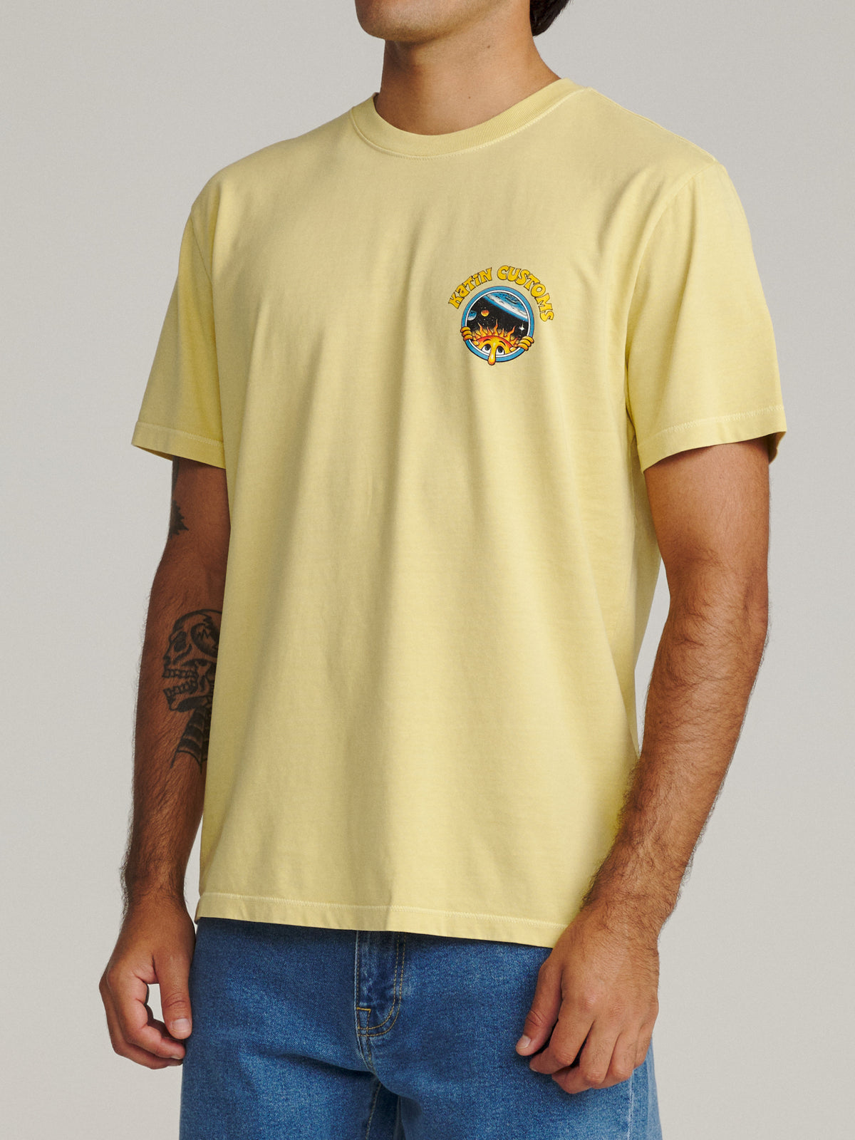 Katin Vantasy Tee in Dusty Yellow Vintage Wash, on model, side #color_dusty yellow vintage wash