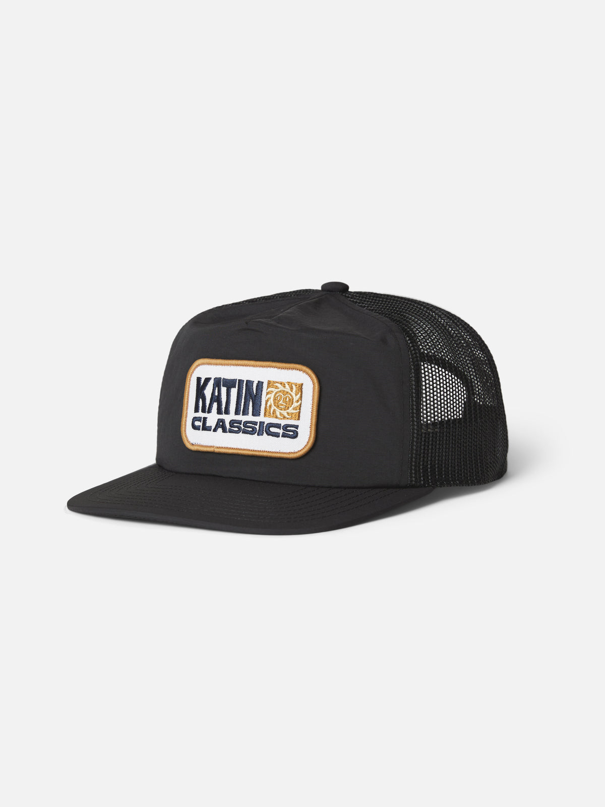Katin Helios Trucker Hat in Black recycled nylon and mesh, flat, front #color_black