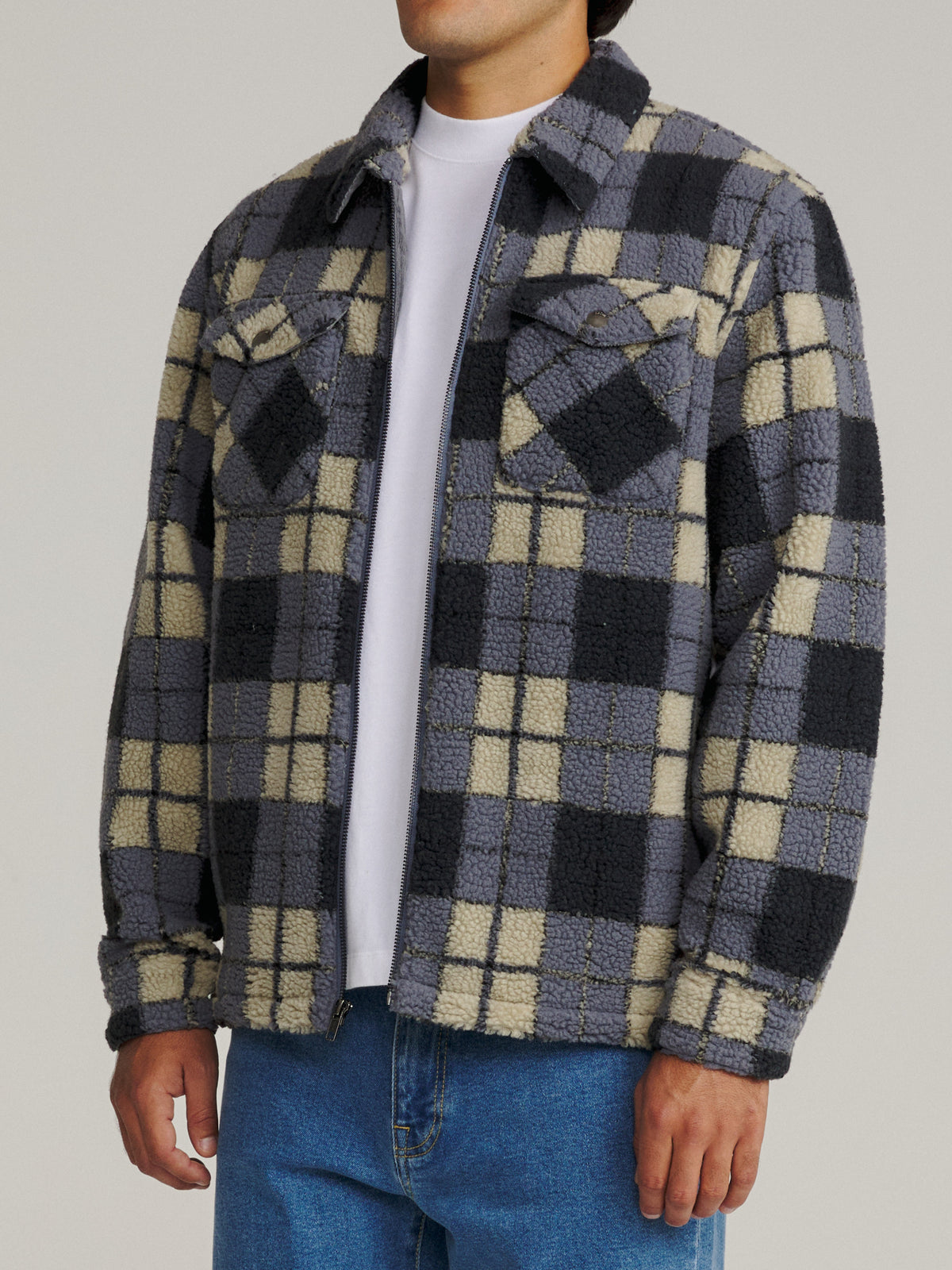 Katin Anderson Sherpa Jacket in Storm Blue sherpa, on model, side #color_storm blue