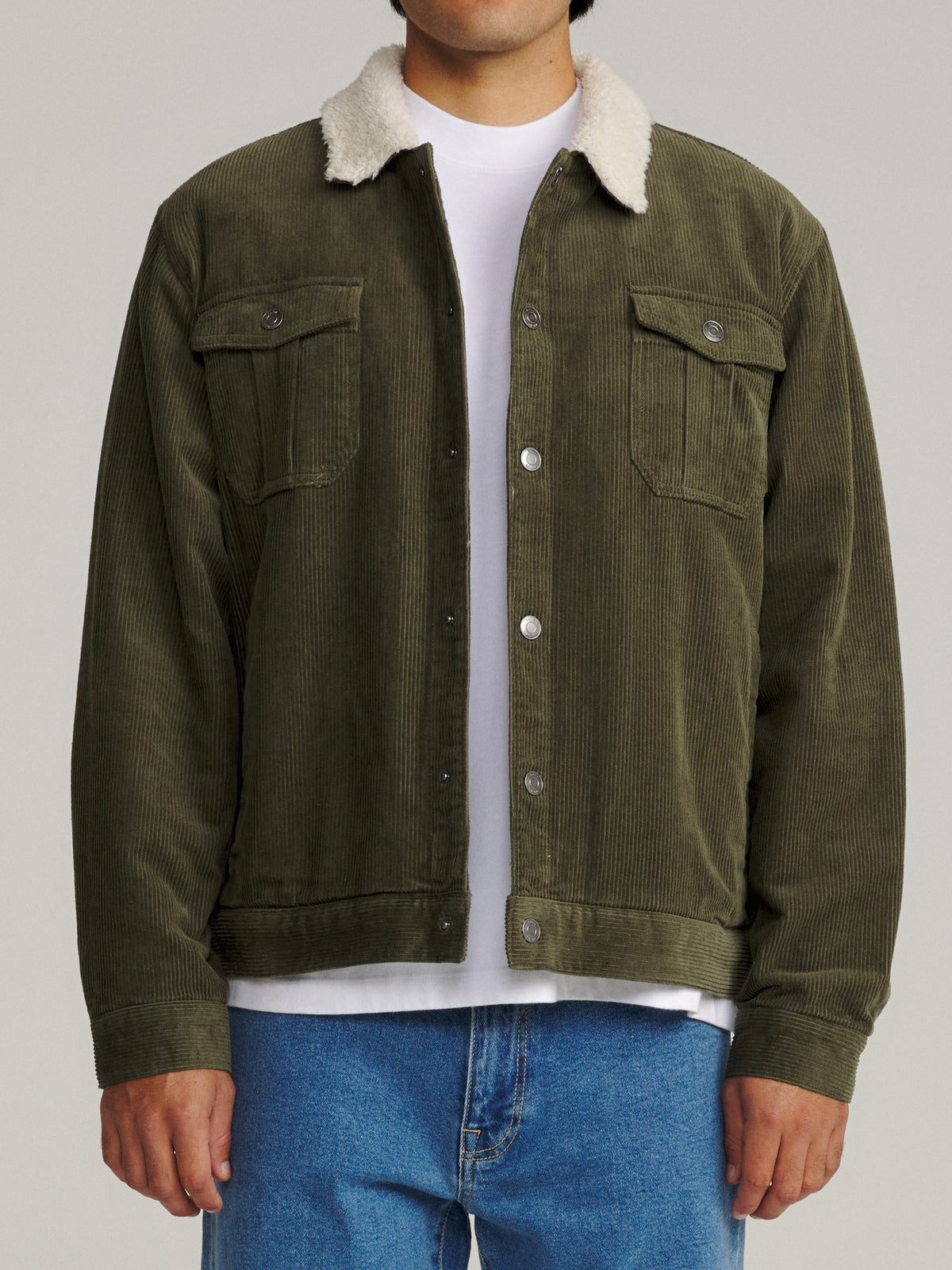 Katin Harris Corduroy Jacket in Dark Olive corduroy, on model, front #color_dark olive