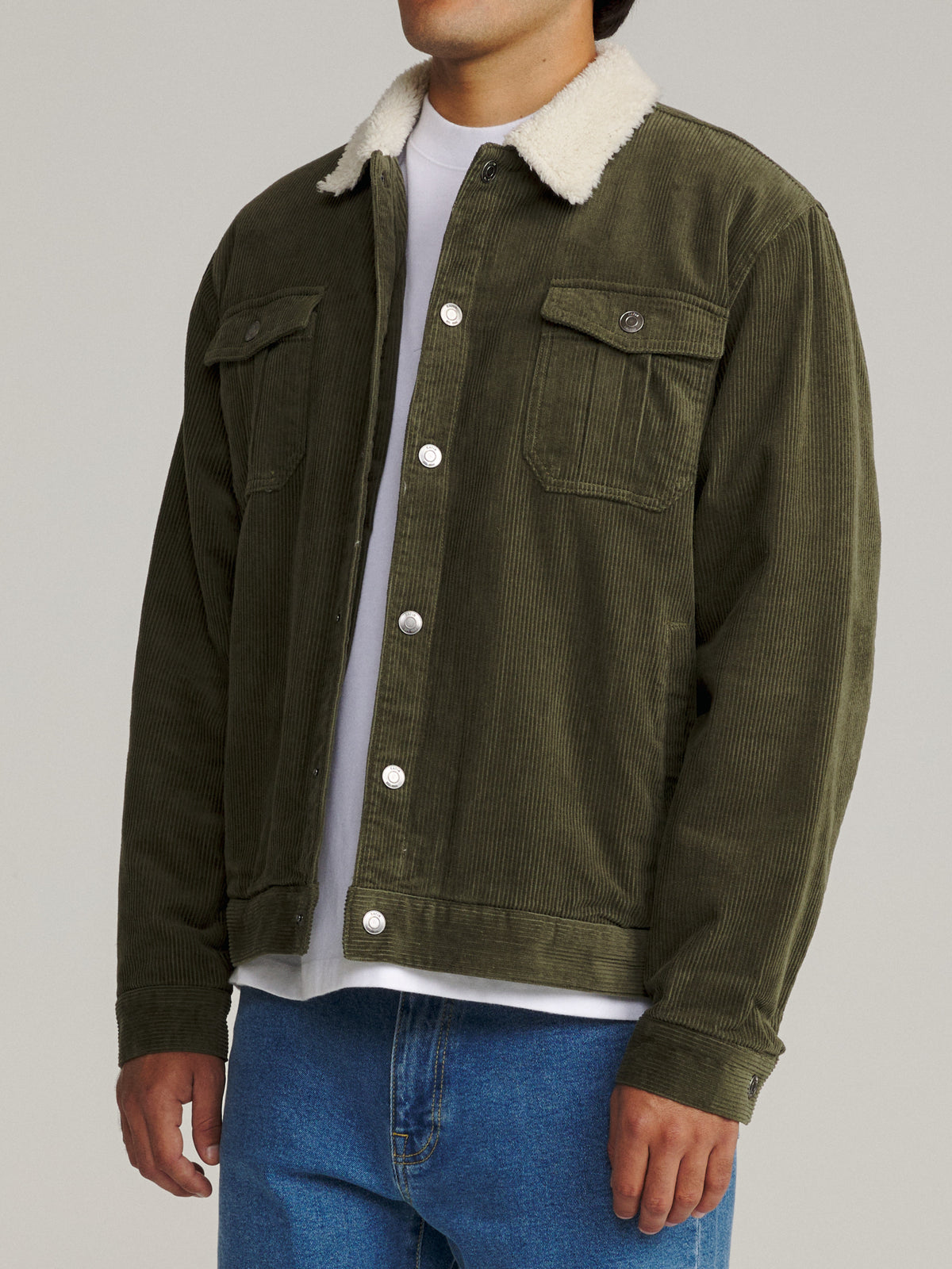 Katin Harris Corduroy Jacket in Dark Olive corduroy, on model, side #color_dark olive