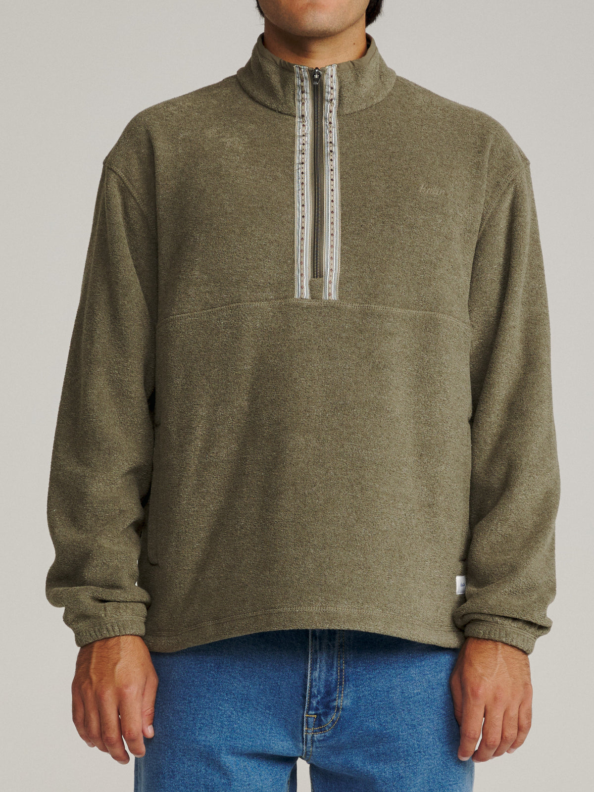 Katin Nelson Jacket in Olive polar fleece, on model, front #color_olive