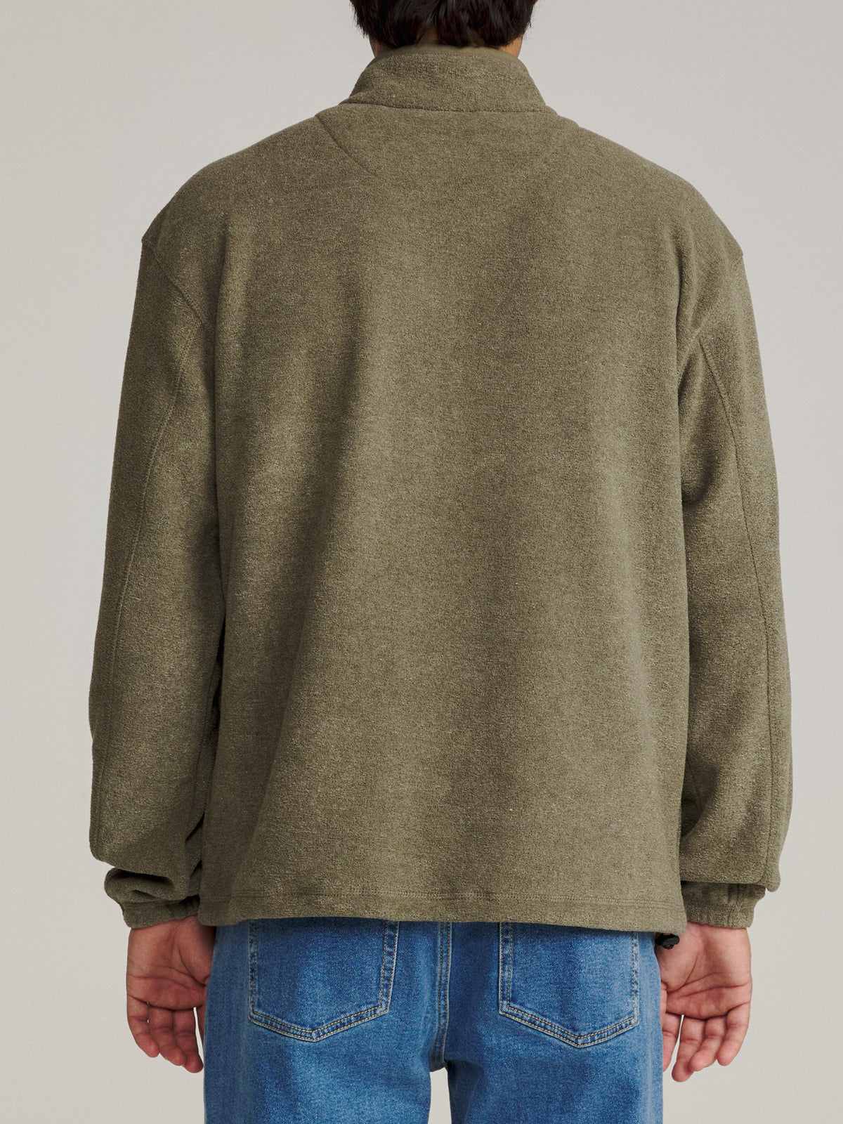 Katin Nelson Jacket in Olive polar fleece, on model, back #color_olive