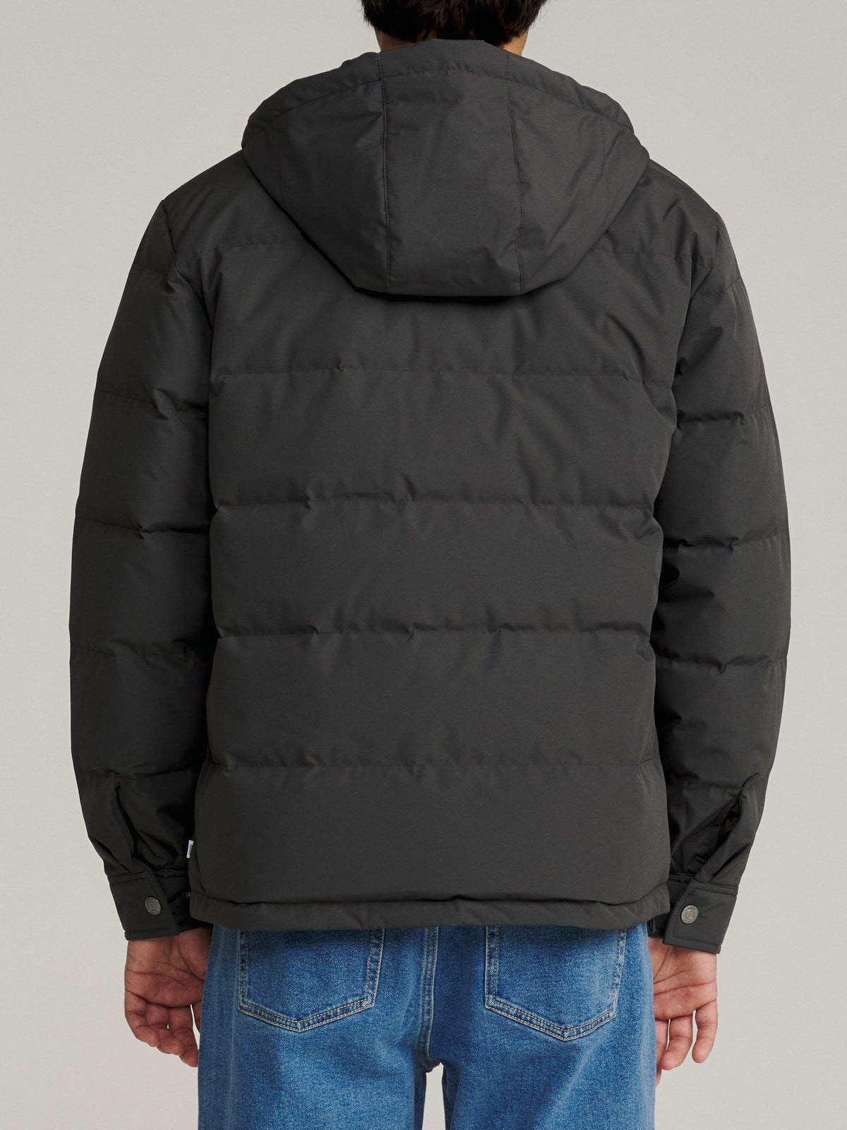 Katin OTG Summit Hooded Down Puffer in Black Wash with a stacked fill pattern, on model, back #color_black wash