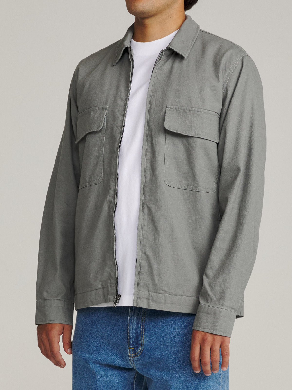 Katin Petrol Jacket in Gray slub jacquard, on model, side #color_gray