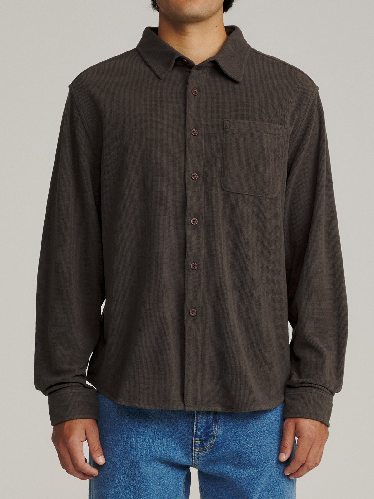 Katin Roland Shirt in Lead waffle knit corduroy, on model, front #color_lead
