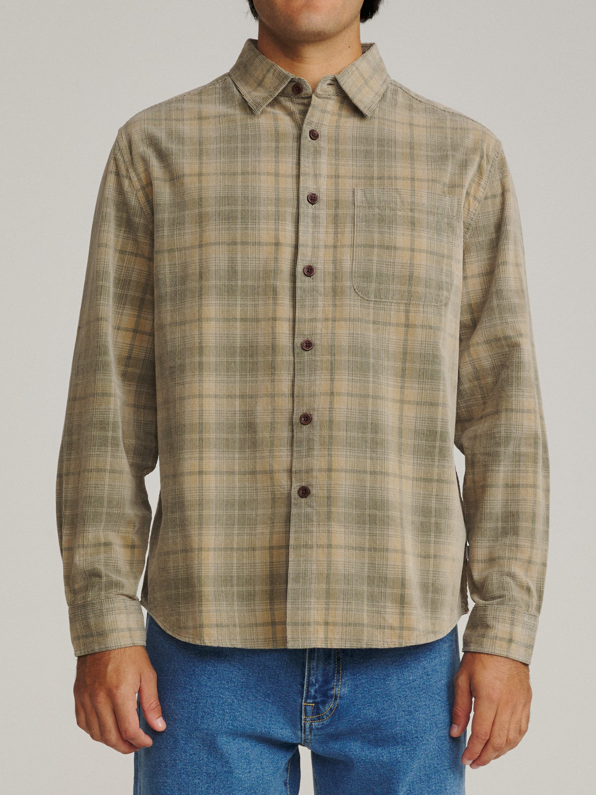 Katin Stevie Shirt in Khaki 18 wale corduroy, on model, front #color_khaki
