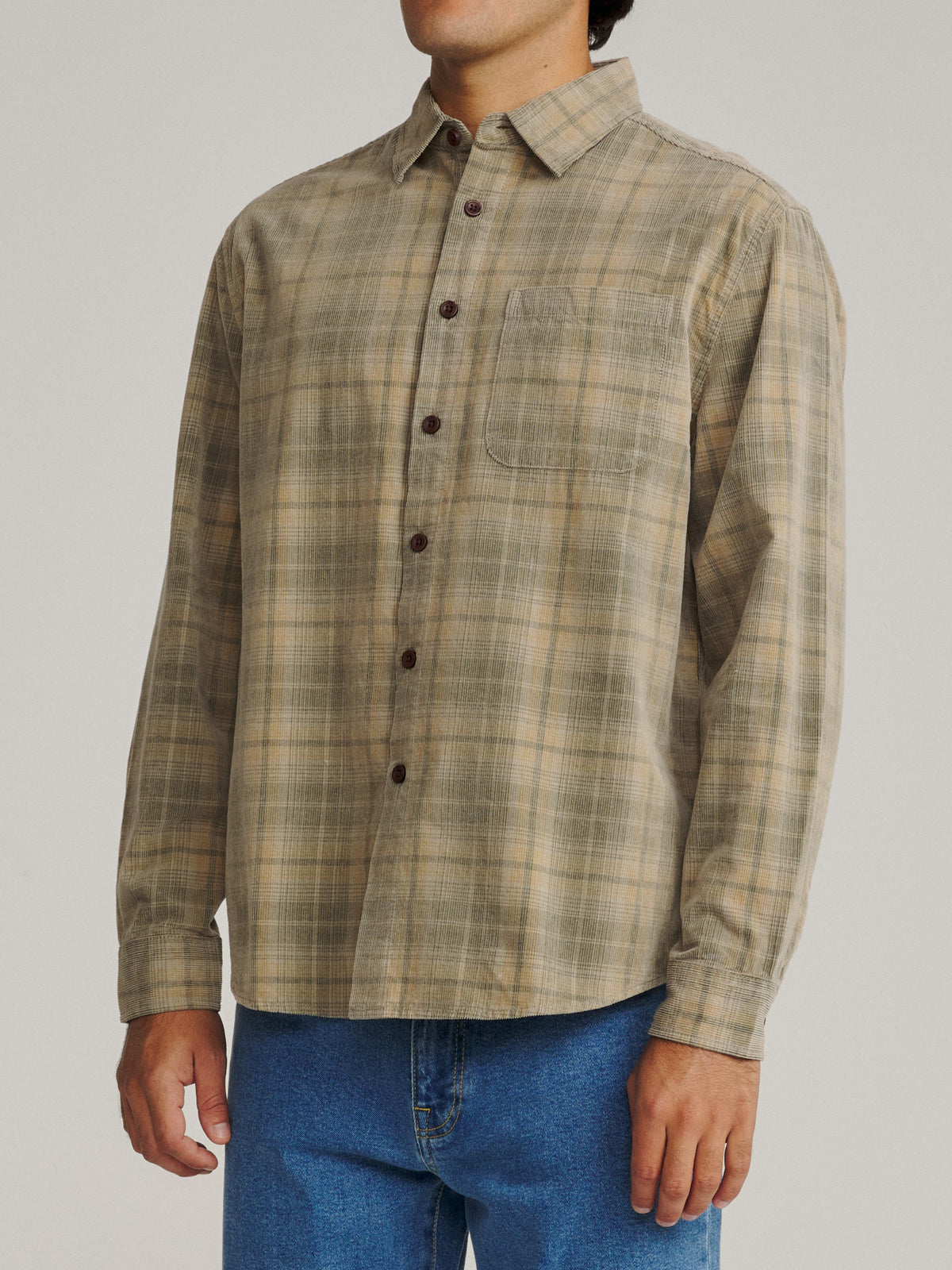 Katin Stevie Shirt in Khaki 18 wale corduroy, on model, side #color_khaki