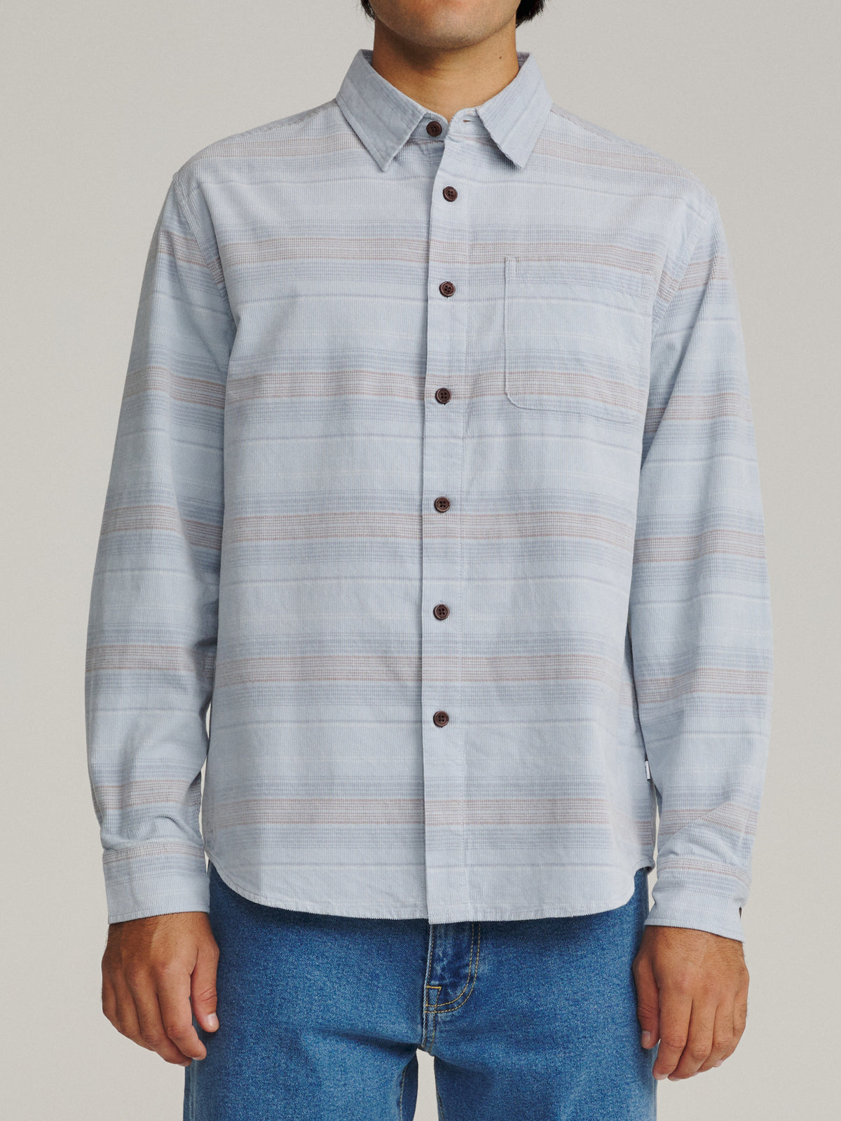 Katin Stevie Shirt in Light Blue 18 wale corduroy, on model, front #color_light blue