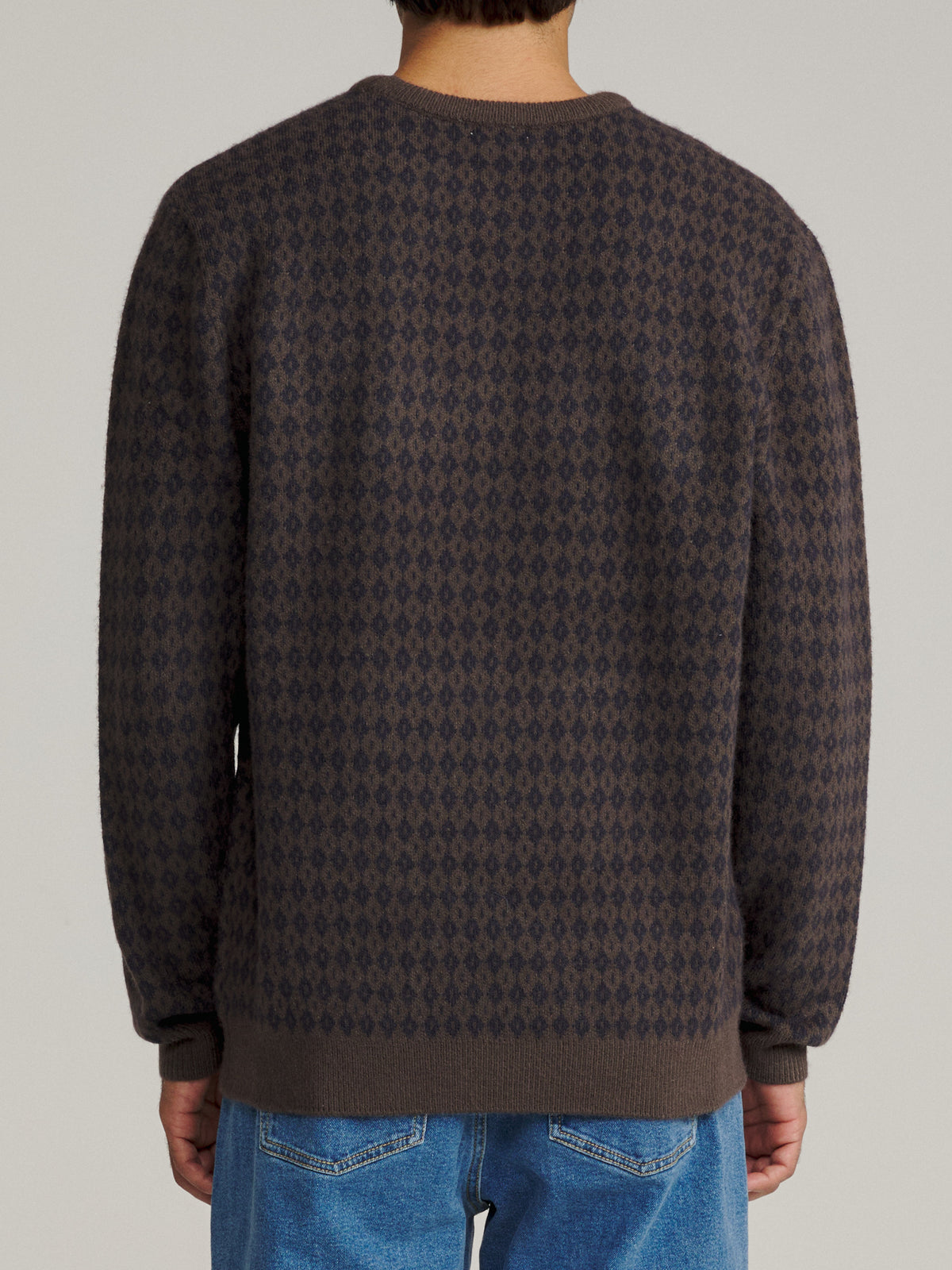 Katin Check Sweater in Gray/Navy with a custom argyle pattern, on model, back #color_gray/navy