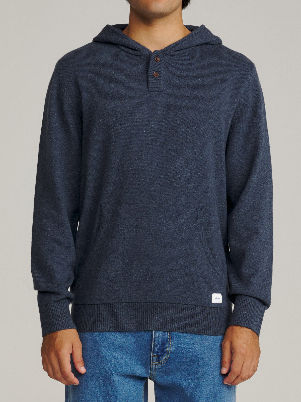 Katin Hayes Hooded Henley Sweater in Heather Blue, on model, front #color_heather blue