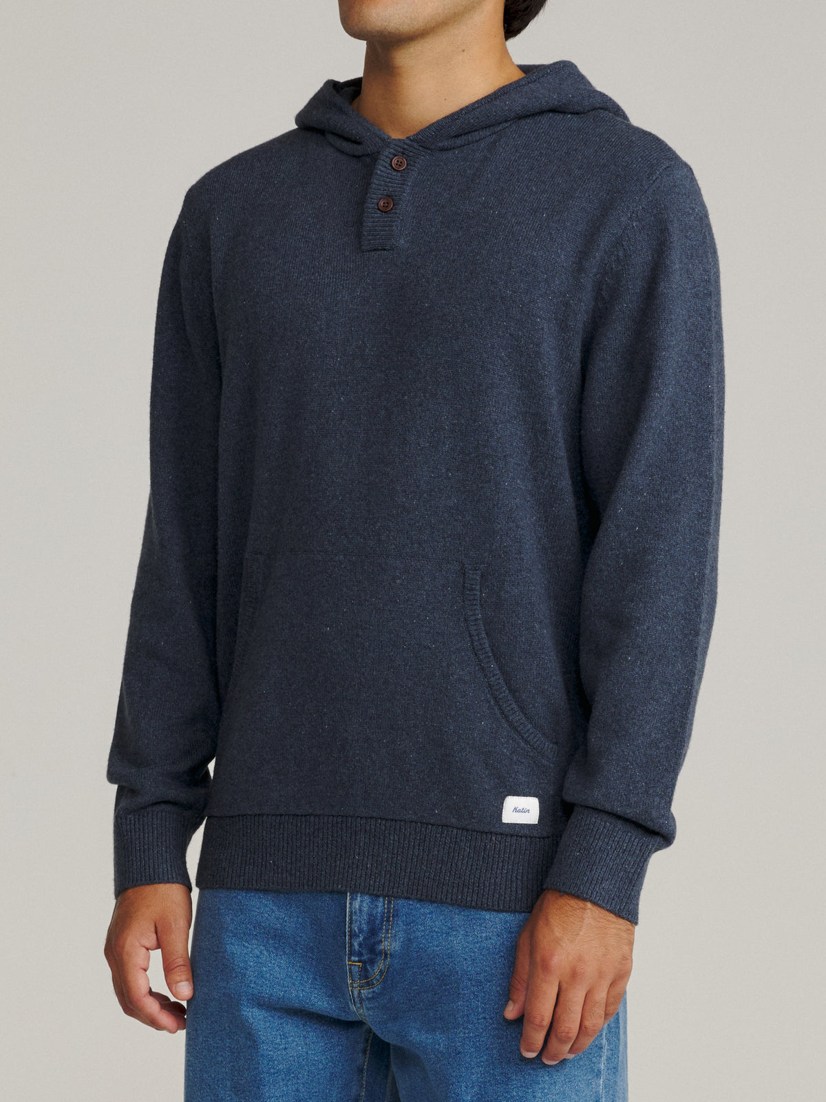 Katin Hayes Hooded Henley Sweater in Heather Blue, on model, side #color_heather blue